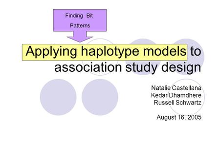Finding Bit Patterns Applying haplotype models to association study design Natalie Castellana Kedar Dhamdhere Russell Schwartz August 16, 2005.