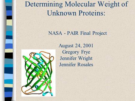 Determining Molecular Weight of Unknown Proteins: NASA - PAIR Final Project August 24, 2001 Gregory Frye Jennifer Wright Jennifer Rosales.