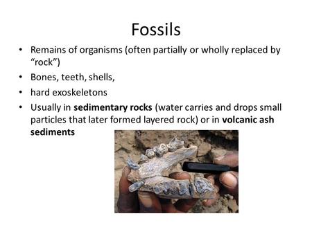 Fossils Remains of organisms (often partially or wholly replaced by “rock”) Bones, teeth, shells, hard exoskeletons Usually in sedimentary rocks (water.