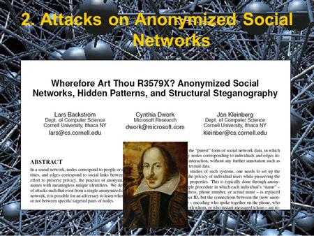 2. Attacks on Anonymized Social Networks. Setting A social network Edges may be private –E.g., “communication graph” The study of social structure by.
