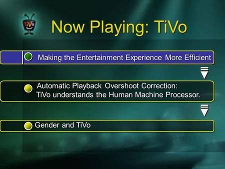 Making the Entertainment Experience More Efficient Making the Entertainment Experience More Efficient Now Playing: TiVo Gender and TiVo Gender and TiVo.