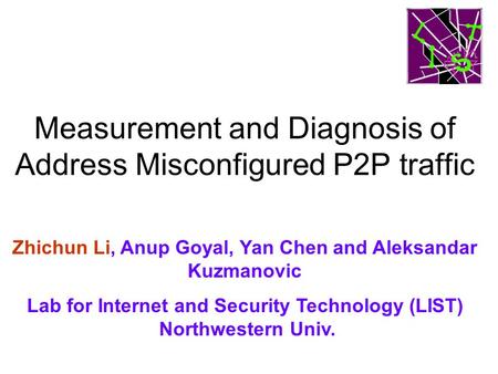 Measurement and Diagnosis of Address Misconfigured P2P traffic Zhichun Li, Anup Goyal, Yan Chen and Aleksandar Kuzmanovic Lab for Internet and Security.