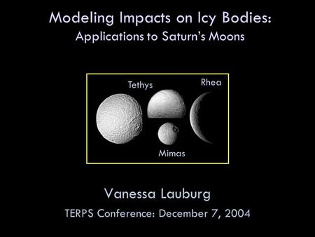 Modeling Impacts on Icy Bodies: Applications to Saturn’s Moons Vanessa Lauburg TERPS Conference: December 7, 2004 Tethys Mimas Rhea.