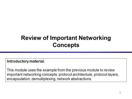1 Review of Important Networking Concepts Introductory material. This module uses the example from the previous module to review important networking concepts: