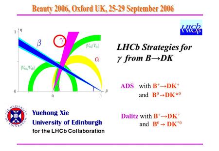 LHCb Strategies for  from B→DK Yuehong Xie University of Edinburgh for the LHCb Collaboration ADS with B + →DK + and B 0 → DK* 0 Dalitz with B + →DK +