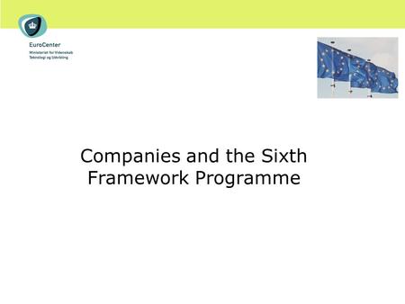 Companies and the Sixth Framework Programme. Agenda Overview of the 6 th Framework Programme (FP6) Why participate ? Industry participation in FP6 What’s.