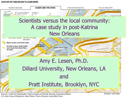 Scientists versus the local community: A case study in post-Katrina New Orleans Amy E. Lesen, Ph.D. Dillard University, New Orleans, LA and Pratt Institute,
