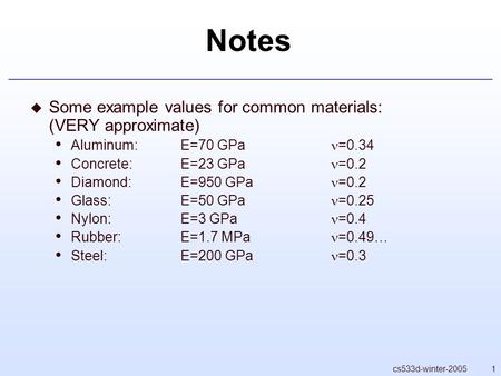 1cs533d-winter-2005 Notes  Some example values for common materials: (VERY approximate) Aluminum: E=70 GPa =0.34 Concrete:E=23 GPa =0.2 Diamond:E=950.