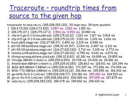 2: Application Layer1 Traceroute – roundtrip times from source to the given hop traceroute to www.rsu.ru (195.208.252.130), 30 hops max, 38 byte packets.