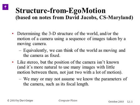 © 2003 by Davi GeigerComputer Vision October 2003 L1.1 Structure-from-EgoMotion (based on notes from David Jacobs, CS-Maryland) Determining the 3-D structure.