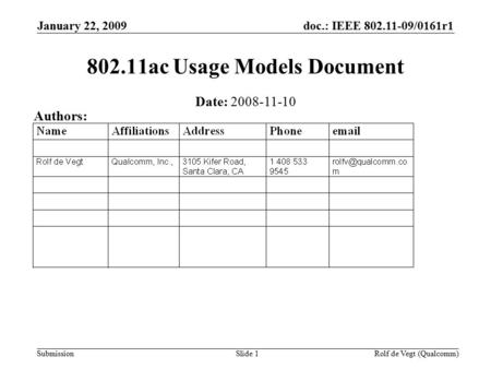 Doc.: IEEE 802.11-09/0161r1 Submission January 22, 2009 Rolf de Vegt (Qualcomm)Slide 1 802.11ac Usage Models Document Date: 2008-11-10 Authors: