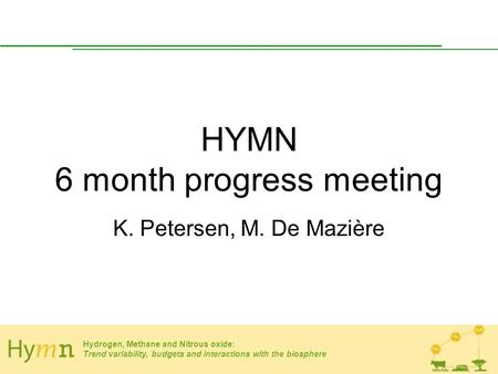Hydrogen, Methane and Nitrous oxide: Trend variability, budgets and interactions with the biosphere HYMN 6 month progress meeting K. Petersen, M. De Mazière.