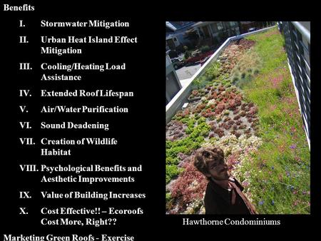 Benefits I.Stormwater Mitigation II.Urban Heat Island Effect Mitigation III.Cooling/Heating Load Assistance IV.Extended Roof Lifespan V.Air/Water Purification.