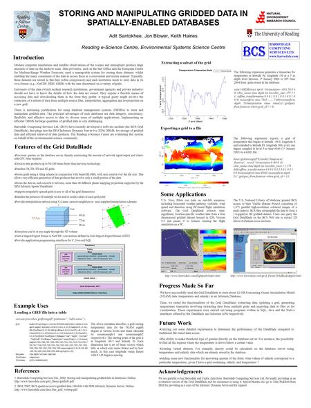 Printed by www.postersession.com STORING AND MANIPULATING GRIDDED DATA IN SPATIALLY-ENABLED DATABASES Adit Santokhee, Jon Blower, Keith Haines Reading.