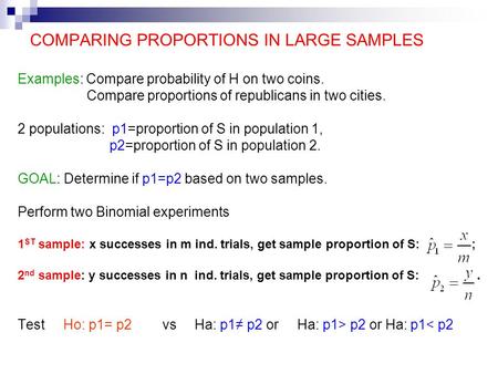 COMPARING PROPORTIONS IN LARGE SAMPLES Examples: Compare probability of H on two coins. Compare proportions of republicans in two cities. 2 populations: