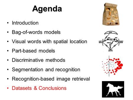 Agenda Introduction Bag-of-words models Visual words with spatial location Part-based models Discriminative methods Segmentation and recognition Recognition-based.