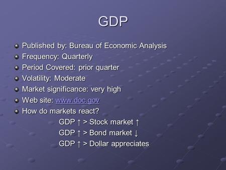 GDP Published by: Bureau of Economic Analysis Frequency: Quarterly Period Covered: prior quarter Volatility: Moderate Market significance: very high Web.