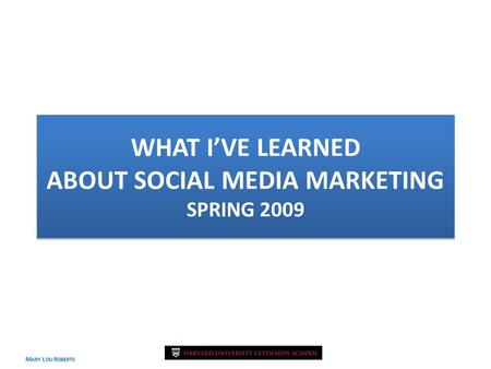 M ARY L OU R OBERTS April 2009 WHAT I’VE LEARNED ABOUT SOCIAL MEDIA MARKETING SPRING 2009.