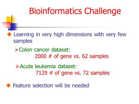 Bioinformatics Challenge  Learning in very high dimensions with very few samples  Acute leukemia dataset: 7129 # of gene vs. 72 samples  Colon cancer.