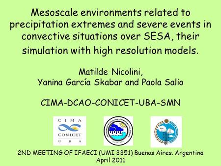 Mesoscale environments related to precipitation extremes and severe events in convective situations over SESA, their simulation with high resolution models.