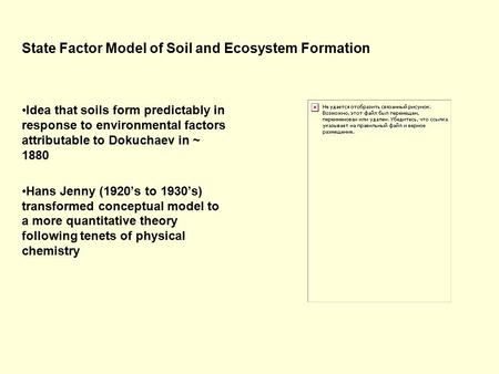 State Factor Model of Soil and Ecosystem Formation Idea that soils form predictably in response to environmental factors attributable to Dokuchaev in ~