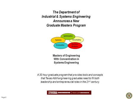 Page 0 Optimization Uncertainty Decision Analysis Systems Economics Masters of Engineering With Concentration in Systems Engineering A 30 hour graduate.