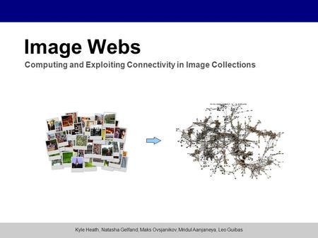 Kyle Heath, Natasha Gelfand, Maks Ovsjanikov, Mridul Aanjaneya, Leo Guibas Image Webs Computing and Exploiting Connectivity in Image Collections.