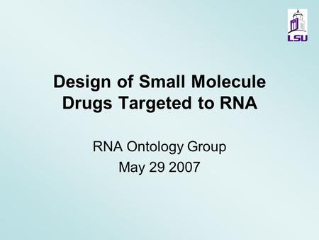 Design of Small Molecule Drugs Targeted to RNA RNA Ontology Group May 29 2007.