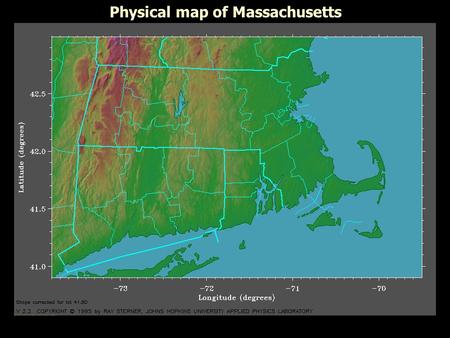 Physical map of Massachusetts.  Topographical map of Massachusetts.