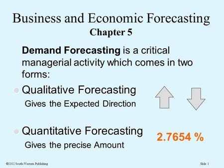 Slide 1 Business and Economic Forecasting Chapter 5 Demand Forecasting is a critical managerial activity which comes in two forms: l Qualitative Forecasting.