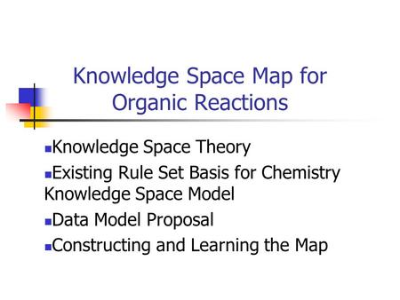 Knowledge Space Map for Organic Reactions Knowledge Space Theory Existing Rule Set Basis for Chemistry Knowledge Space Model Data Model Proposal Constructing.
