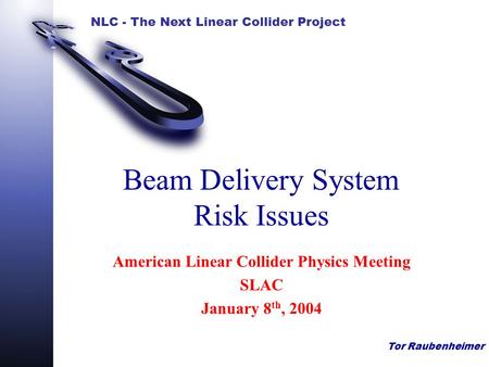 NLC - The Next Linear Collider Project Tor Raubenheimer Beam Delivery System Risk Issues American Linear Collider Physics Meeting SLAC January 8 th, 2004.