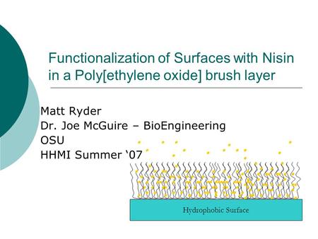 Functionalization of Surfaces with Nisin in a Poly[ethylene oxide] brush layer Matt Ryder Dr. Joe McGuire – BioEngineering OSU HHMI Summer ‘07.