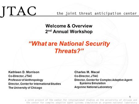 1 Welcome & Overview 2 nd Annual Workshop “What are National Security Threats?” Kathleen D. Morrison Co-Director, JTAC Professor of Anthropology Director,