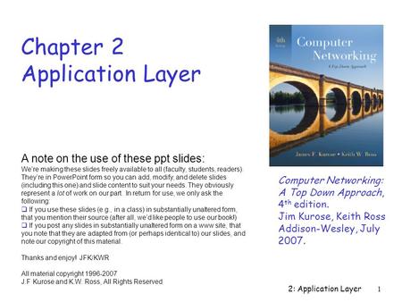 2: Application Layer1 Chapter 2 Application Layer Computer Networking: A Top Down Approach, 4 th edition. Jim Kurose, Keith Ross Addison-Wesley, July 2007.