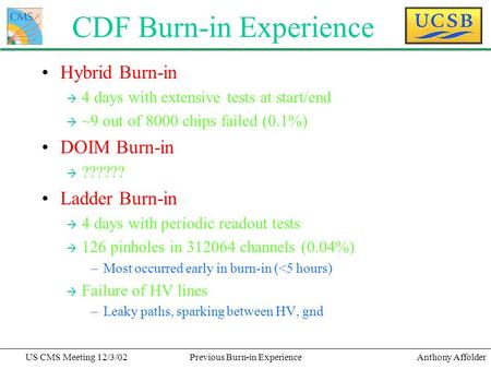 Anthony AffolderUS CMS Meeting 12/3/02Previous Burn-in Experience CDF Burn-in Experience Hybrid Burn-in à 4 days with extensive tests at start/end à ~9.