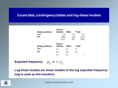 Linear statistical models 2008 Count data, contingency tables and log-linear models Expected frequency: Log-linear models are linear models of the log.