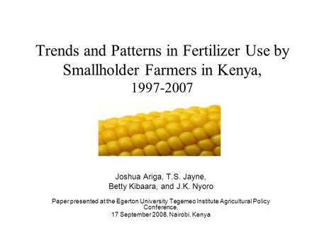 Trends and Patterns in Fertilizer Use by Smallholder Farmers in Kenya, 1997-2007 Joshua Ariga, T.S. Jayne, Betty Kibaara, and J.K. Nyoro Paper presented.