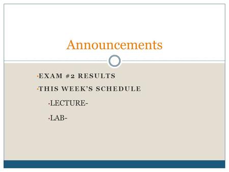 EXAM #2 RESULTS THIS WEEK’S SCHEDULE LECTURE- LAB- Announcements.