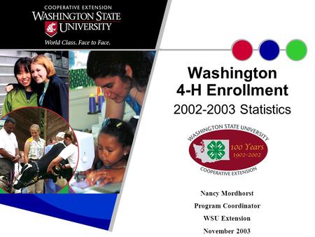 2002-2003 Statistics Washington 4-H Enrollment Nancy Mordhorst Program Coordinator WSU Extension November 2003.