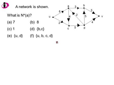 A network is shown. v u 6 2 4 5 2 3 5 4 3 What is N + (a)? (a) 7(b) 8 (c) 1(d) {b,c} (e) {u, d} (f) {u, b, c, d} a b c d.