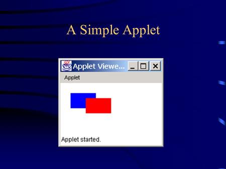 A Simple Applet. Applets and applications An applet is a Java program that runs on a web page –Applets can be run from: Internet Explorer Netscape Navigator.