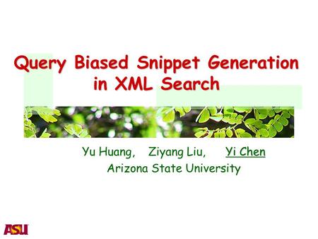 Query Biased Snippet Generation in XML Search Yi Chen Yu Huang, Ziyang Liu, Yi Chen Arizona State University.
