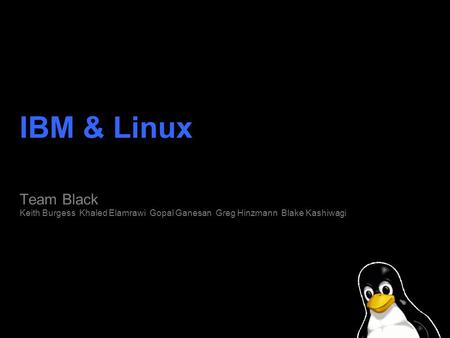 IBM & Linux Team Black Keith Burgess Khaled Elamrawi Gopal Ganesan Greg Hinzmann Blake Kashiwagi.