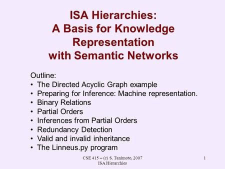 CSE 415 -- (c) S. Tanimoto, 2007 ISA Hierarchies 1 ISA Hierarchies: A Basis for Knowledge Representation with Semantic Networks Outline: The Directed Acyclic.