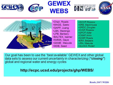 Roads, 2007: WEBS GEWEX WEBS Our goal has been to use the “best available” GEWEX and other global data sets to assess our current uncertainty in characterizing.