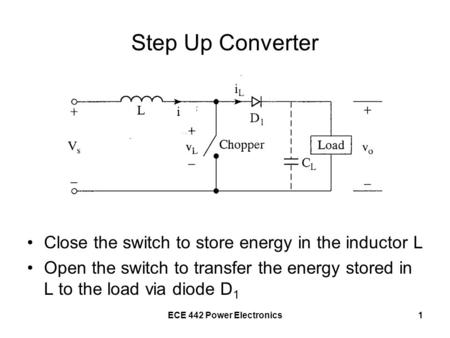 ECE 442 Power Electronics1 Step Up Converter Close the switch to store energy in the inductor L Open the switch to transfer the energy stored in L to the.