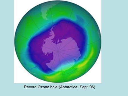 Record Ozone hole (Antarctica, Sept ‘06). The Earth at night: ~85% fossil fuel powered.