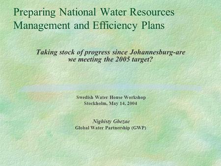 Preparing National Water Resources Management and Efficiency Plans Taking stock of progress since Johannesburg-are we meeting the 2005 target? Swedish.
