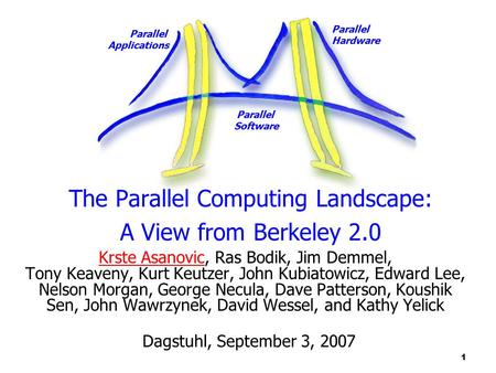 Parallel Applications Parallel Hardware Parallel Software 1 The Parallel Computing Landscape: A View from Berkeley 2.0 Krste Asanovic, Ras Bodik, Jim Demmel,